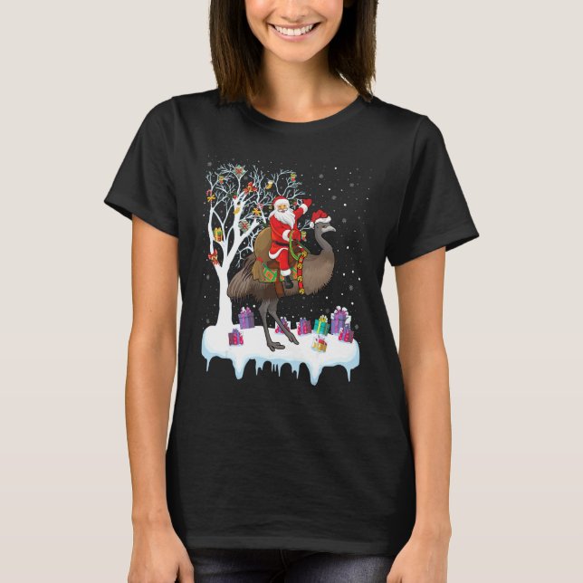 Emu Bird Lover Xmas  Santa Riding Emu Christmas T-Shirt (Front)