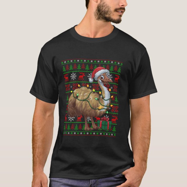 Emu Bird Xmas Lights Ugly Santa Hat Emu Christmas  T-Shirt (Front)