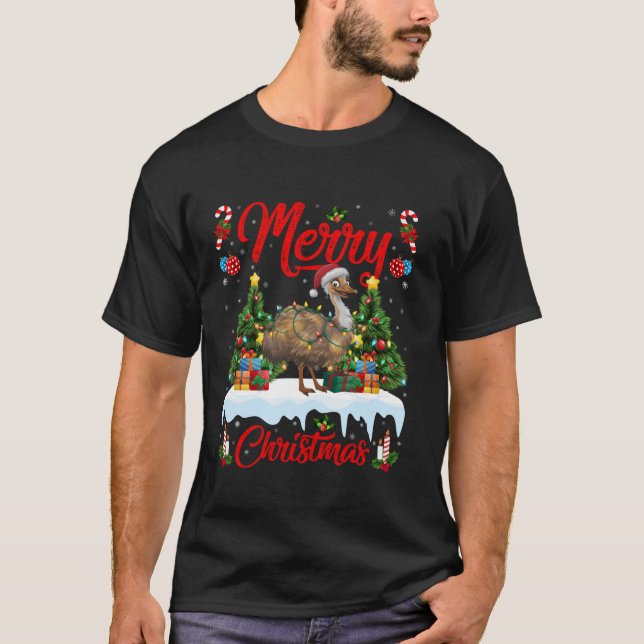 Emu Bird Xmas Tree Lighting Santa Hat Emu Christma T-Shirt (Front)