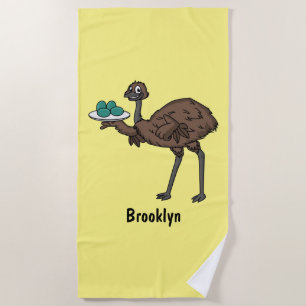 Emu with eggs cartoon illustration beach towel