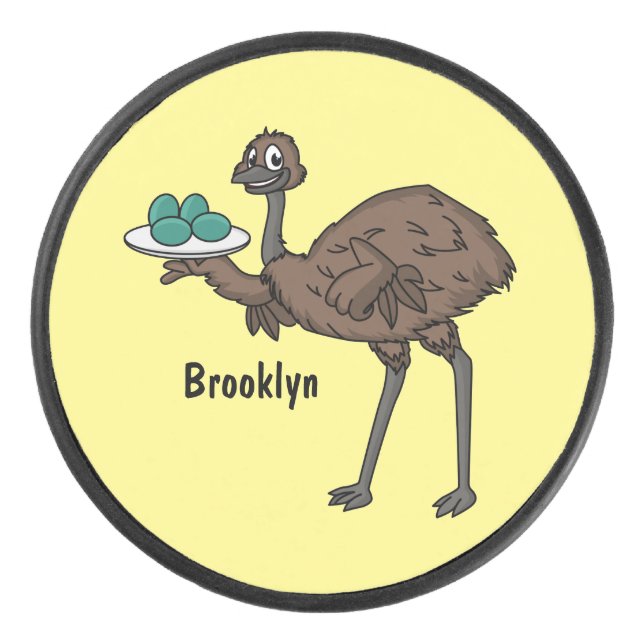Emu with eggs cartoon illustration hockey puck (Front)