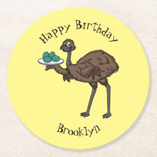 Emu with eggs cartoon illustration round paper coaster