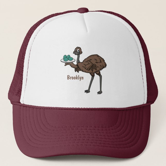 Emu with eggs cartoon illustration trucker hat (Front)