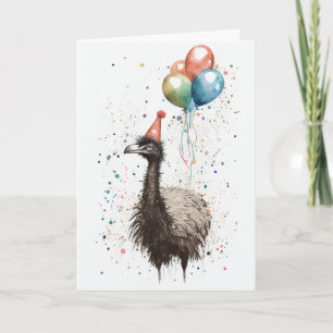 Emu with Party Hat and Balloons Greeting Card