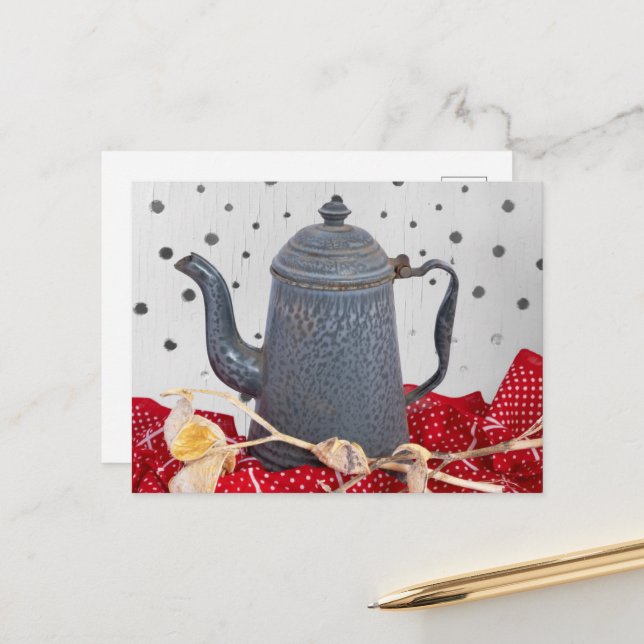 Enamel ware old granite ware coffee pot  postcard (Front/Back In Situ)