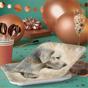 Encaustic Paint Portait of a Golden Retriever Paper Plate