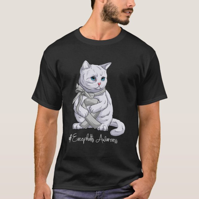 Encephalitis Awareness Month Silver Ribbon Cat T-Shirt (Front)