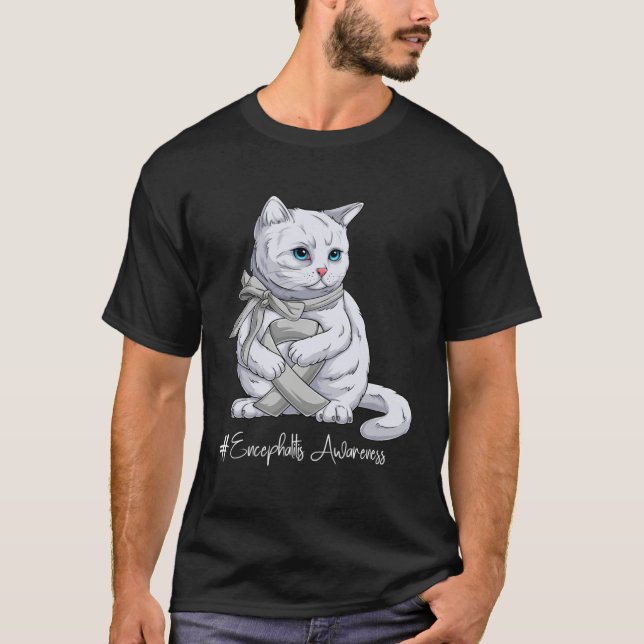 Encephalitis Awareness Month Silver Ribbon Cat T-Shirt (Front)