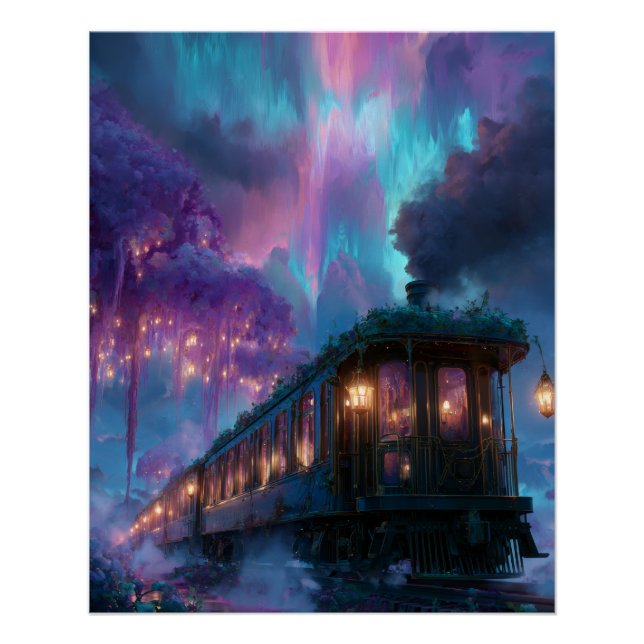 Enchanted Aurora Train Under Starlit Sky Poster (Front)