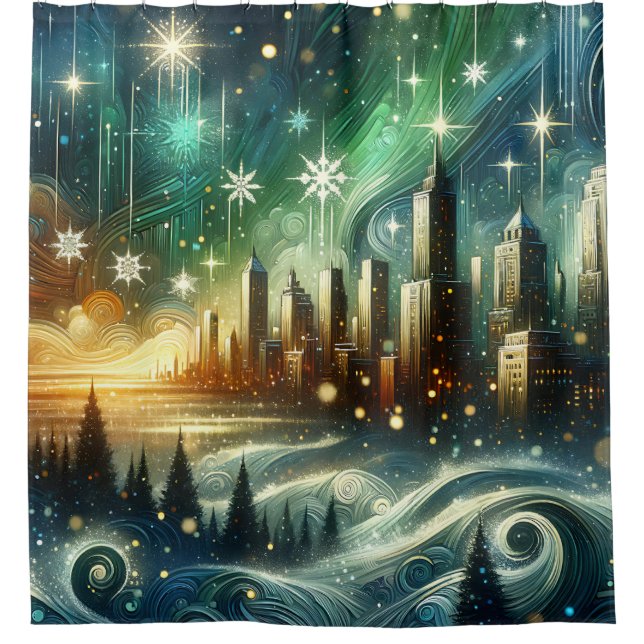 “Enchanted Aurora Winter Cityscape” Shower Curtain (Front)