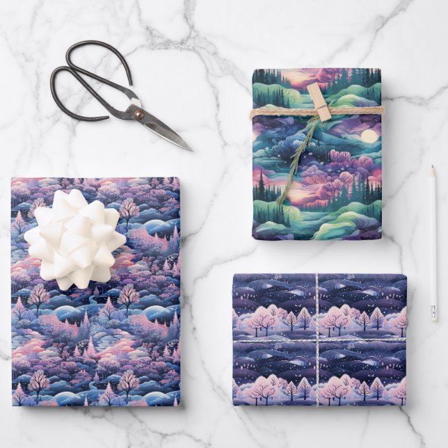 Enchanted Aurora Wonderland: Winter Design Wrapping Paper Sheet (Front)