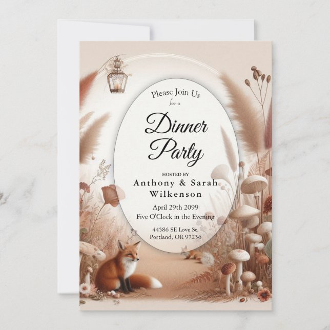 Enchanted Autumn Forest Foxes Dinner Party Invitation (Front)