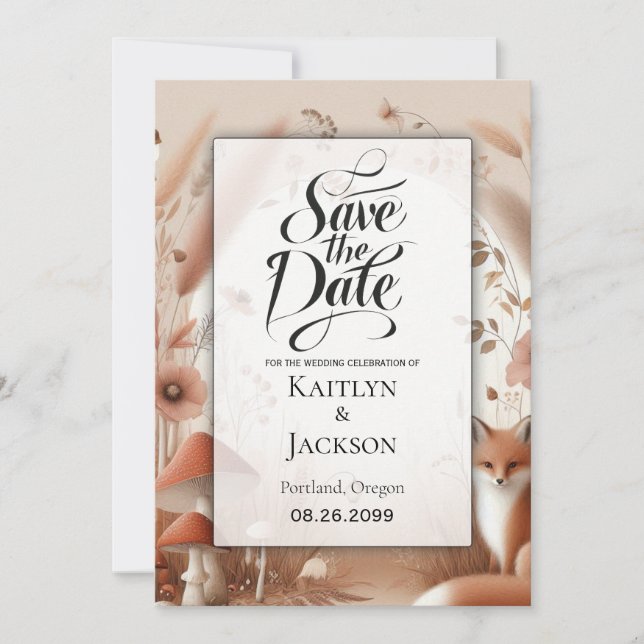 Enchanted Autumn Forest Foxes Wedding Save The Date (Front)