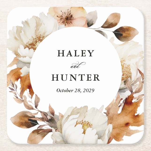 Enchanted Autumn Rustic Blooms Botanical Wedding Square Paper Coaster (Front)