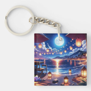 Enchanted Beach at Night Painting Key Ring