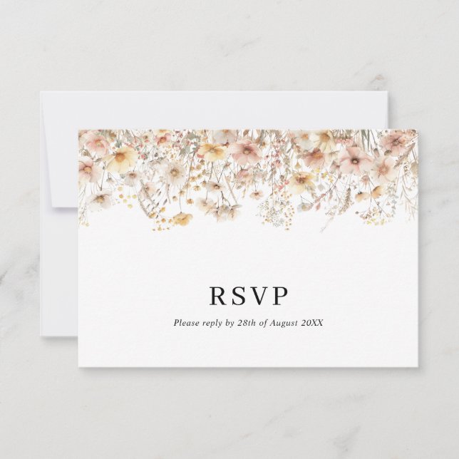 Enchanted Beige Meadow Wildflower QR Code Wedding RSVP Card (Front)