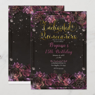 Enchanted Berry Roses Dark Floral Quinceañera  Invitation