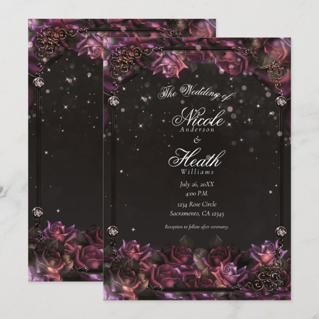 Enchanted Berry Roses Dark Floral Wedding  Invitation (Front/Back)