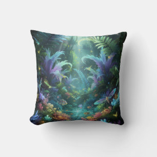 Enchanted Bioluminescent Forest Magical Jungle  Cushion