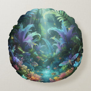 Enchanted Bioluminescent Forest Magical Jungle Round Cushion
