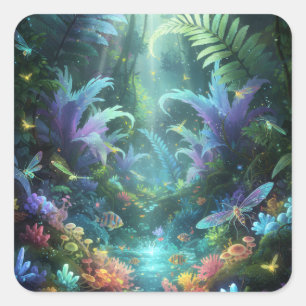 Enchanted Bioluminescent Forest Magical Jungle Square Sticker