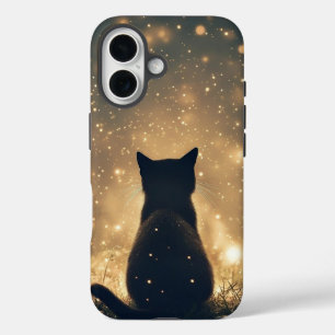 Enchanted Black Cat with Fireflies Artwork iPhone 16 Case