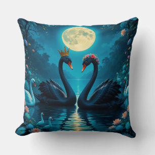 Enchanted Black Swan Under Moonlight Botanical  Cushion