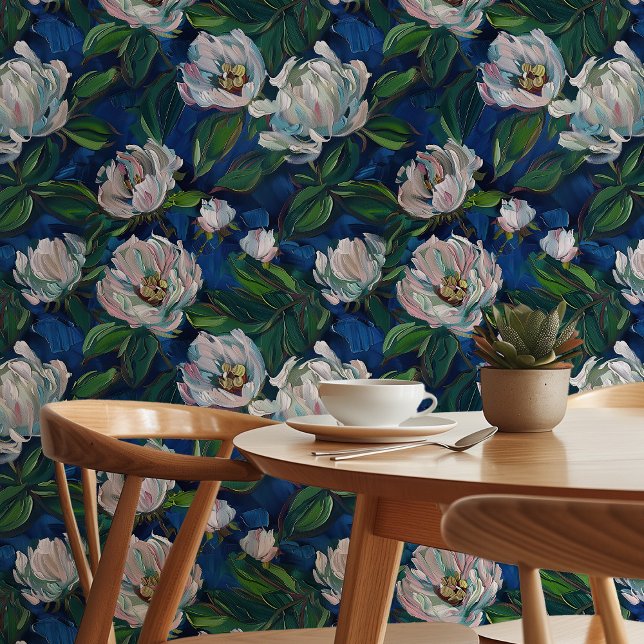 Enchanted Blooms: White Peonies on Deep Blue Wallpaper (Creator Uploaded)