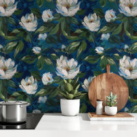 Enchanted Blooms: White Peonies on Deep Blue