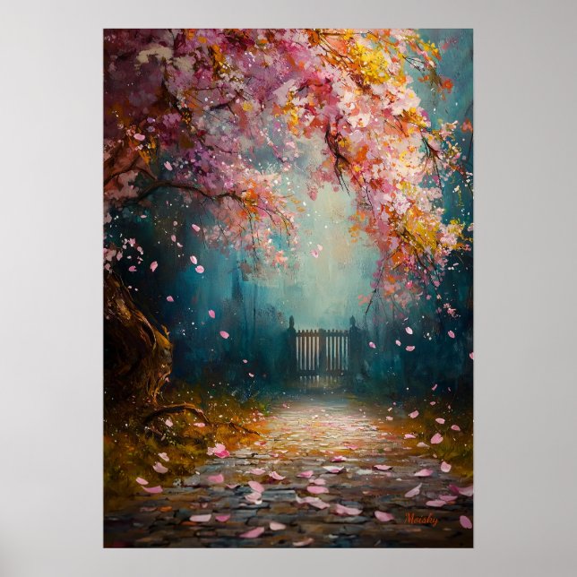 Enchanted Blossom Path - Mystical Floral Landscape Poster (Front)