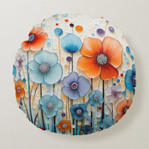 Enchanted Blossoming Meadow Wildflowers Round Cushion