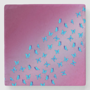 Enchanted Blue Butterflies Pink Stone Coaster