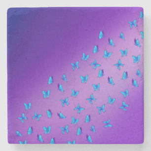 Enchanted Blue Butterflies Purple Stone Coaster