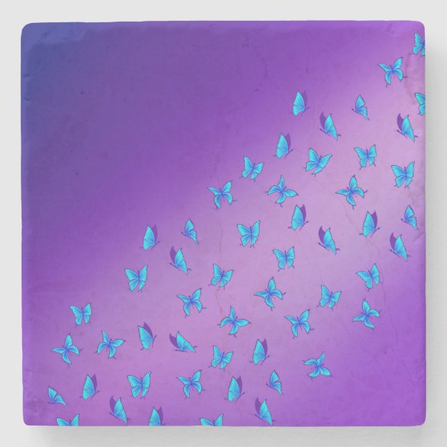 Enchanted Blue Butterflies Purple  Stone Coaster (Front)