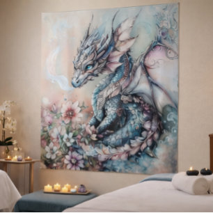 Enchanted Blue Dragon Fantasy Tapestry
