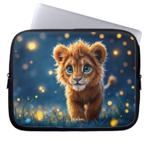 Enchanted blue-eyed lion cub in firefly glow laptop sleeve
