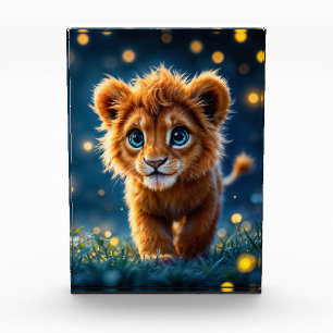 Enchanted blue-eyed lion cub in firefly glow photo block