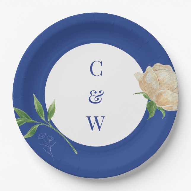 Enchanted Blue Lemon Blossom Monogrammed Wedding Paper Plate (Front)