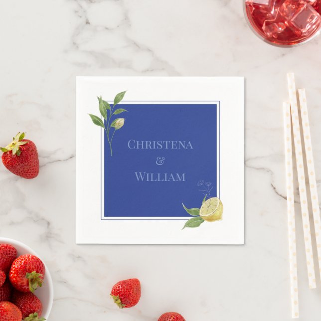 Enchanted Blue Lemon Blossom Personalised Wedding Napkin (Insitu)