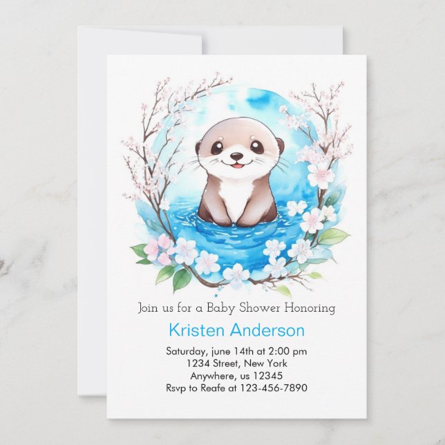 Enchanted Blue Wildflowers Otter Boy Baby Shower Invitation (Front)