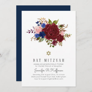 Enchanted Burgundy Blue Pink Floral BAT MITZVAH Invitation