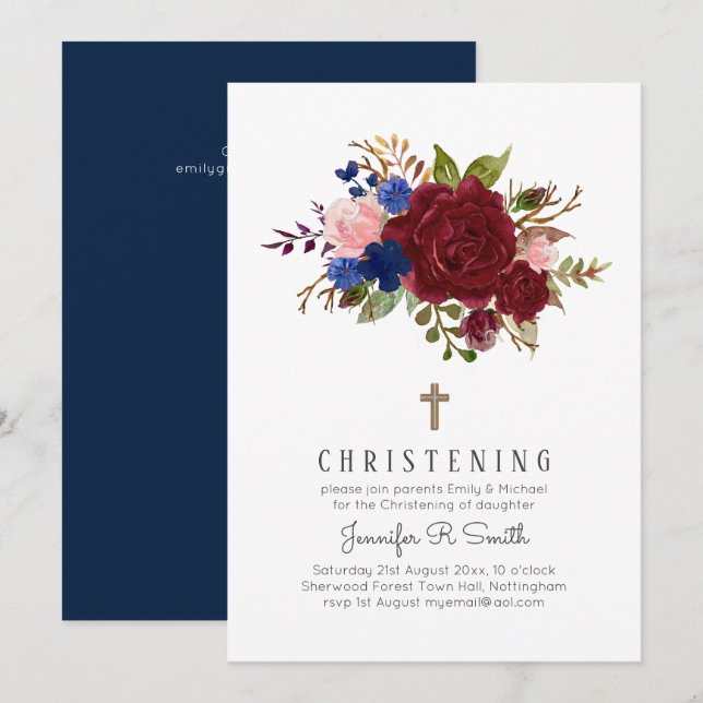 Enchanted Burgundy Blue Pink Floral CHRISTENING Invitation (Front/Back)