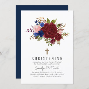 Enchanted Burgundy Blue Pink Floral CHRISTENING Invitation