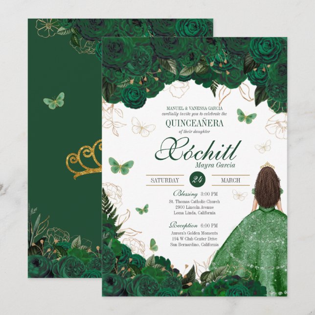 Enchanted Butterfly Garden Emerald Quinceanera Invitation (Front/Back)
