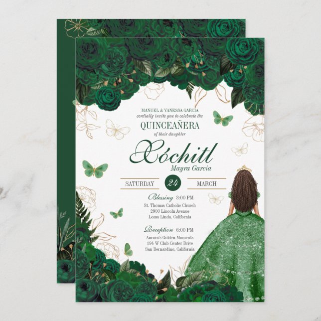 Enchanted Butterfly Garden Emerald Quinceanera Invitation (Front/Back)