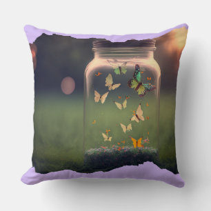 Enchanted Butterfly Jar at Sunset Cottagecore Cushion