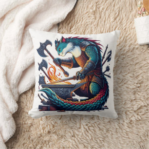 Enchanted Cat Blacksmith Forging Weapons at Dusk Cushion