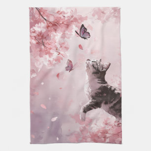 Enchanted Cat with Glowing Butterfly Wings Tea Towel