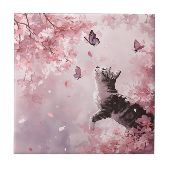 Enchanted Cat with Glowing Butterfly Wings Tile (Front)