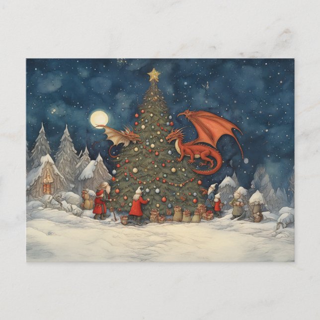 Enchanted Christmas Eve Santa and the Dragons Holiday Postcard (Front)